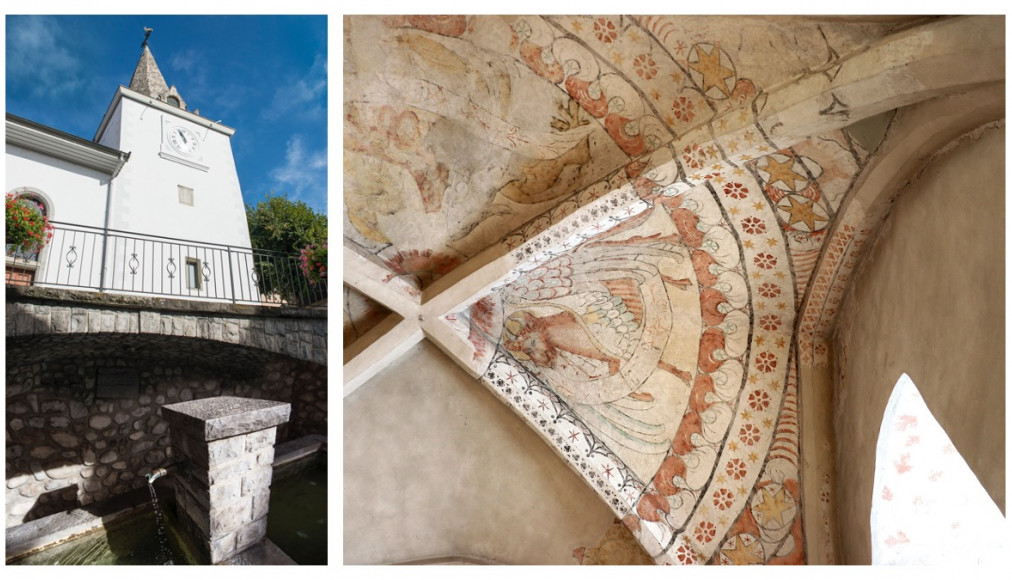 Le temple de Chardonne au cœur du village et la fresque montrant les quatre évangélistes, découverte en 2000 dans le chœur du temple. Le temple de Chardonne au cœur du village et la fresque montrant les quatre évangélistes, découverte en 2000 dans le chœur du temple. / © Marion Savoy / © Samuel Verdan