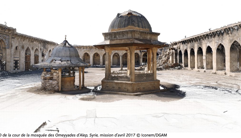 Image 3D de la cour de la mosquée des Omeyyades d'Alep, en Syrie. Image 3D de la cour de la mosquée des Omeyyades d'Alep, en Syrie. / ©Iconem/DGAM